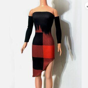 Asymetrical mini dress for My Size Barbie Doll 36" Red black color block. New